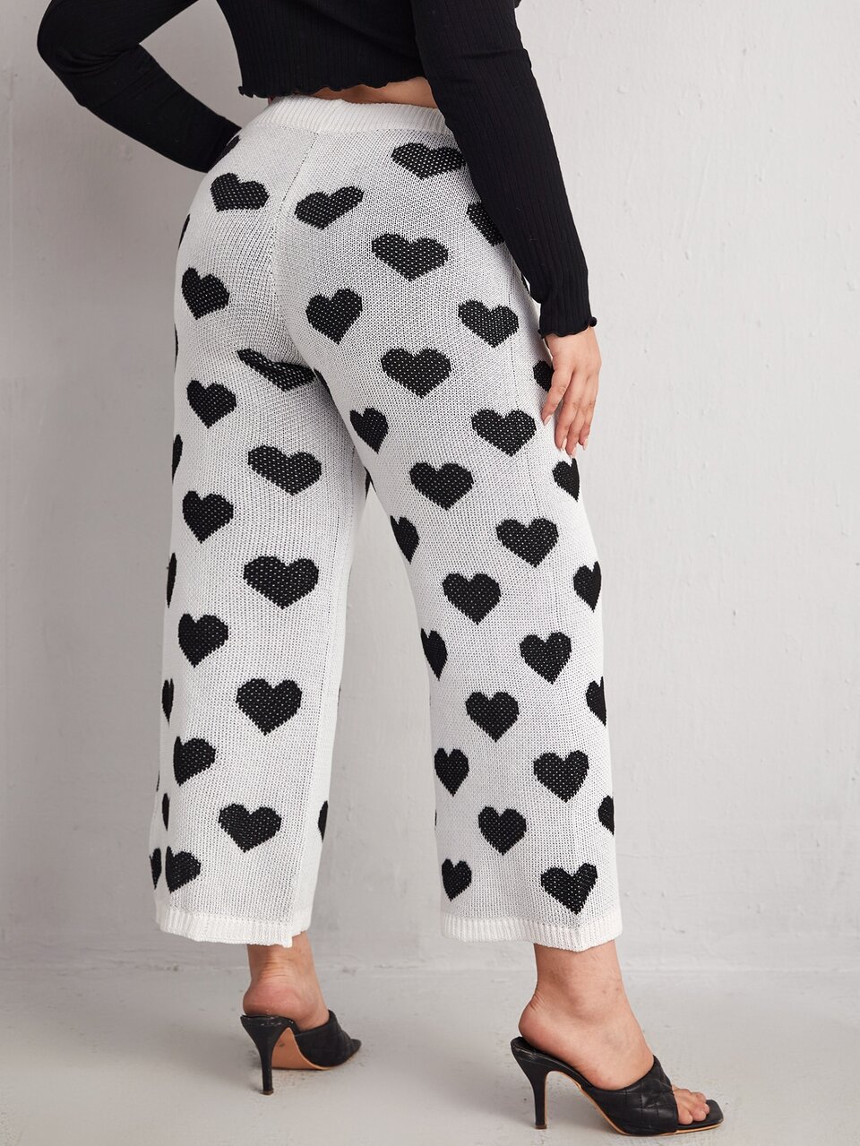 Plus Heart Pattern Wide Leg Knit Pants