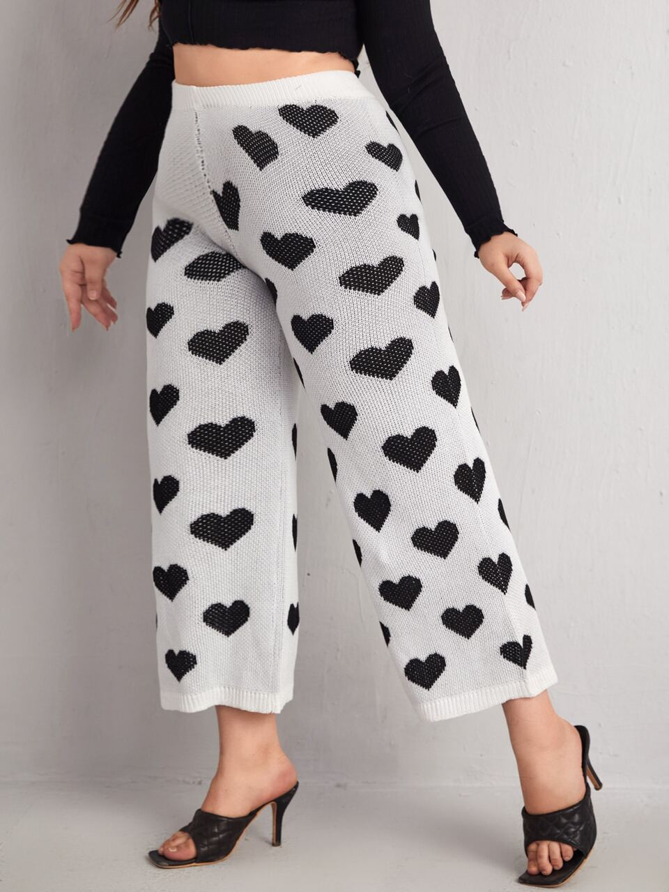 Plus Heart Pattern Wide Leg Knit Pants