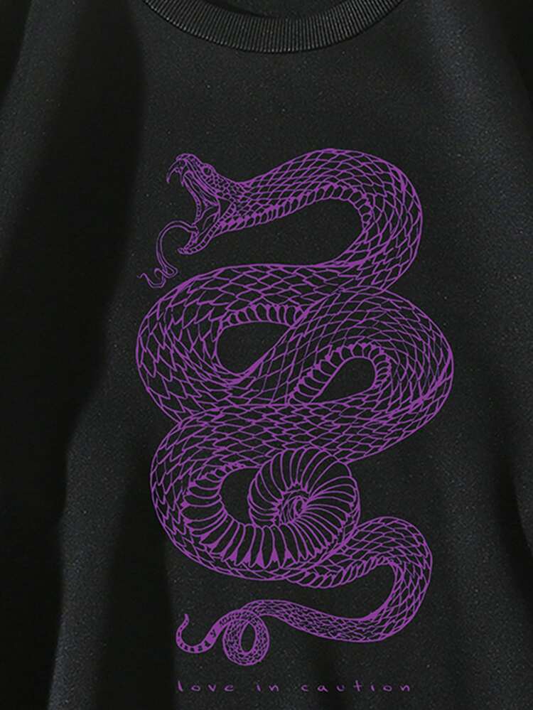 SHEIN EZwear 字母和蛇印花落肩袖加絨內裏運動衫 - 黑色 - 查看 3