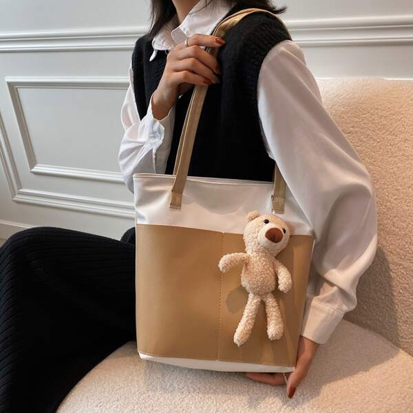 

Two Tone Doll Decor Shoulder Tote Bag, Multicolor