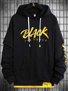 Manfinity Men 2 In 1 Letter Graphic Drawstring Hooded Sweatshirt - Black - View 1