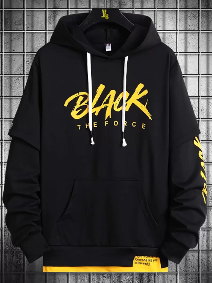 Manfinity Men 2 In 1 Letter Graphic Drawstring Hooded Sweatshirt - Black - View 1