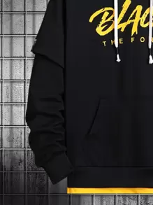 Manfinity Men 2 In 1 Letter Graphic Drawstring Hooded Sweatshirt - Black - View 3