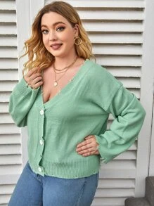 SHEIN 大碼前紐扣毛邊緣落肩袖開襟衫 - 薄荷綠 - 查看 1