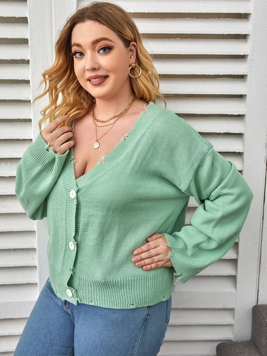 SHEIN 大碼前紐扣毛邊緣落肩袖開襟衫 - 薄荷綠 - 查看 1