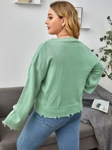 SHEIN 大碼前紐扣毛邊緣落肩袖開襟衫 - 薄荷綠 - 查看 2