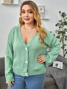 SHEIN 大碼前紐扣毛邊緣落肩袖開襟衫 - 薄荷綠 - 查看 3