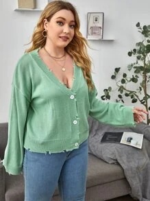 SHEIN 大碼前紐扣毛邊緣落肩袖開襟衫 - 薄荷綠 - 查看 4