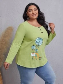 Blusa con estampado de plantas con diseño de botón - Verde Lima - Ver 1