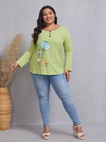 Blusa con estampado de plantas con diseño de botón - Verde Lima - Ver 3