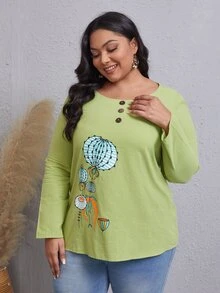 Blusa con estampado de plantas con diseño de botón - Verde Lima - Ver 4