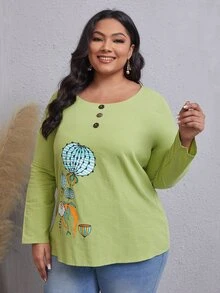 Blusa con estampado de plantas con diseño de botón - Verde Lima - Ver 5