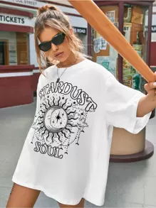 Sun & Letter Graphic Oversized Tee - White - View 1
