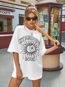 Sun & Letter Graphic Oversized Tee - White - View 6