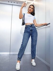 High Waist Jogger Jeans - Dark Wash - View 1