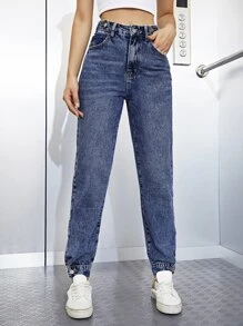High Waist Jogger Jeans - Dark Wash - View 3