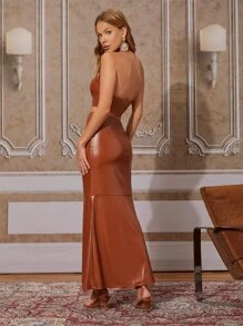 SHEIN Bộ đồ hai mảnh nữ Lộ Lưng Hội Chữ thập Trọn gói màu trơn Hấp dẫn - Rỉ Nâu - Xem 2