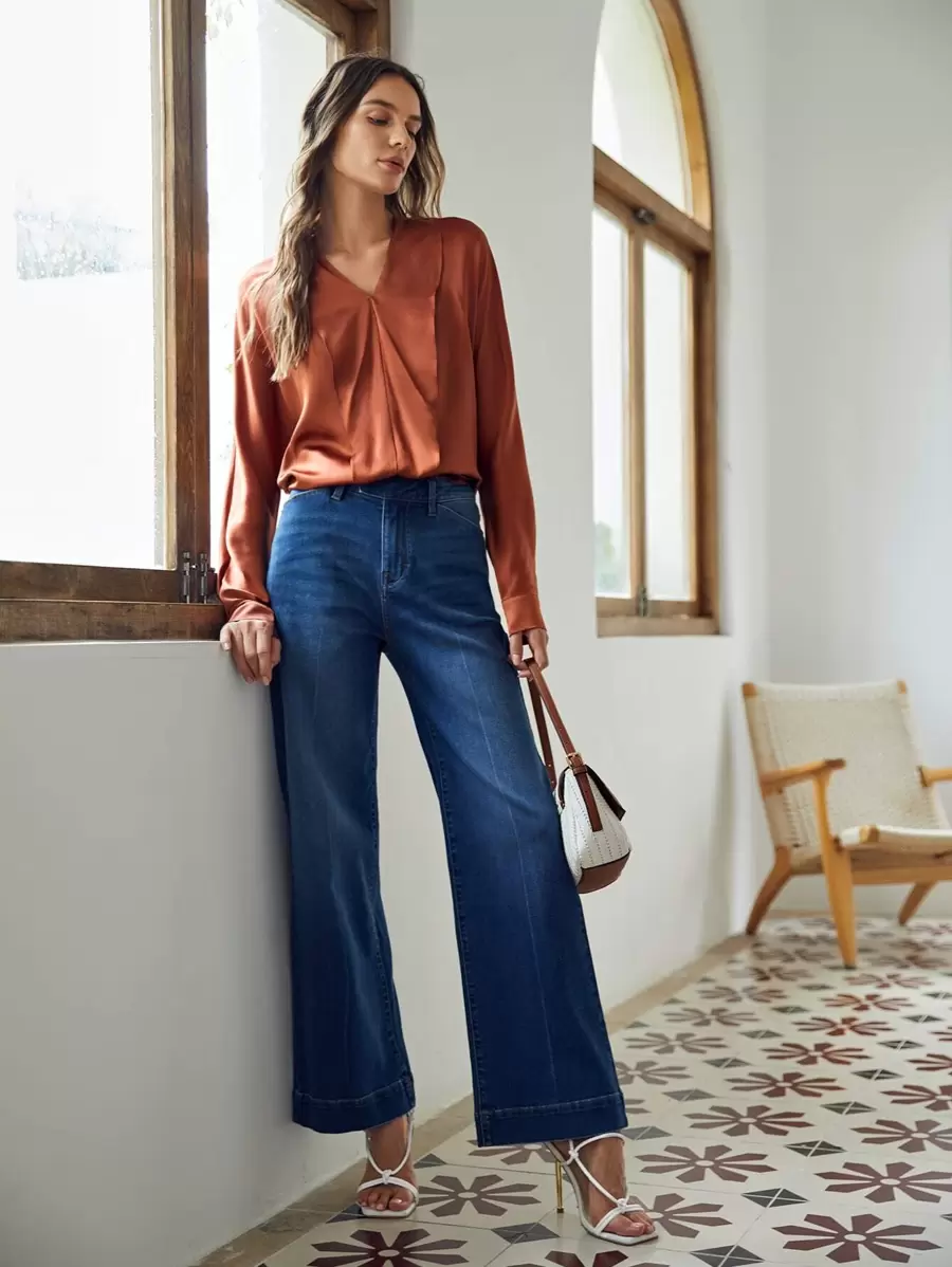 MOTF PREMIUM 100% SILK STRAIGHT FIT TOP - Rust Brown - View 1