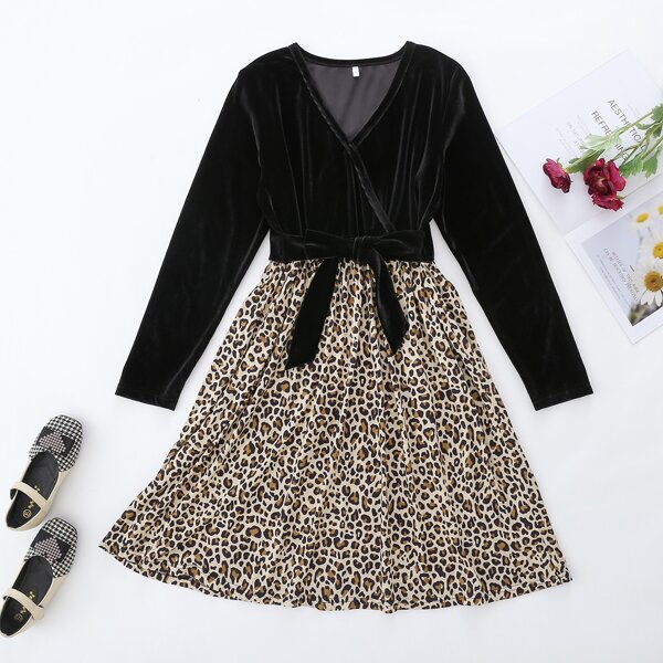 

1pc Leopard Print Belted Combo Dress, Multicolor