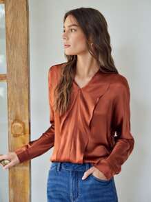 MOTF PREMIUM 100% SILK STRAIGHT FIT TOP - Rust Brown - View 6