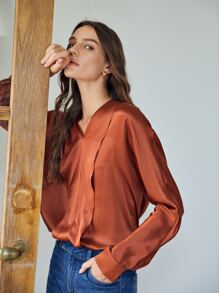 MOTF PREMIUM 100% SILK STRAIGHT FIT TOP - Rust Brown - View 10