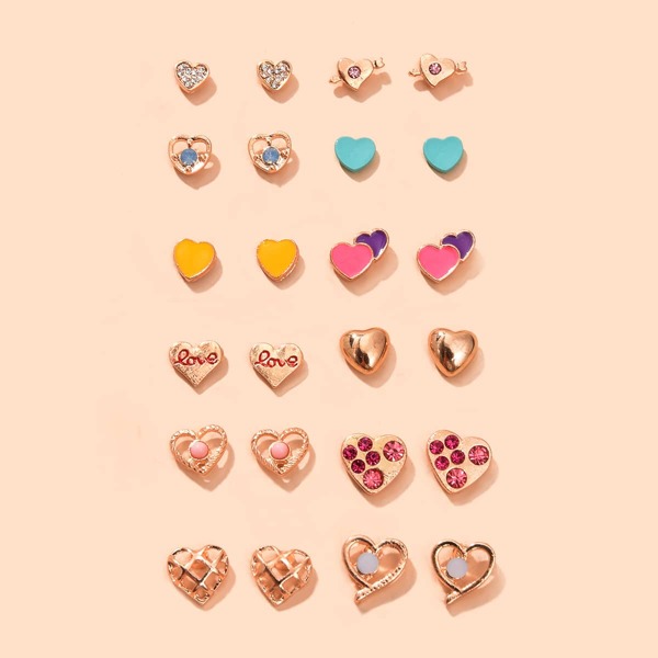 

12pairs Heart Stud Earrings, Multicolor