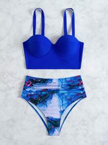 Marble Print Ruched Push Up Bikini - Blue - View 3