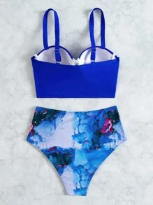 Marble Print Ruched Push Up Bikini - Blue - View 4
