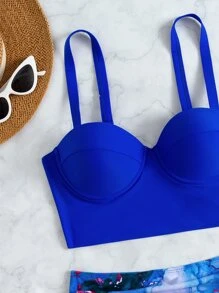 Marble Print Ruched Push Up Bikini - Blue - View 5