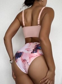 Marble Bikini Set Underwire Push Up Bra & Ruched High Waisted Bottom 2 Piece Bathing Suit For Summer Beach Vacation - Multicolor - View 2