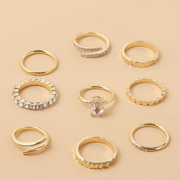 

9pcs Rhinestone Decor Ring, Gold