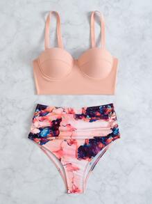 Marble Bikini Set Underwire Push Up Bra & Ruched High Waisted Bottom 2 Piece Bathing Suit For Summer Beach Vacation - Multicolor - View 3