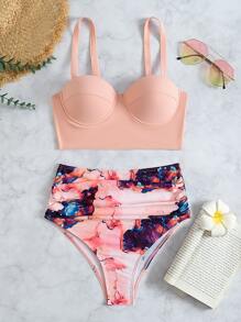 Marble Bikini Set Underwire Push Up Bra & Ruched High Waisted Bottom 2 Piece Bathing Suit For Summer Beach Vacation - Multicolor - View 7
