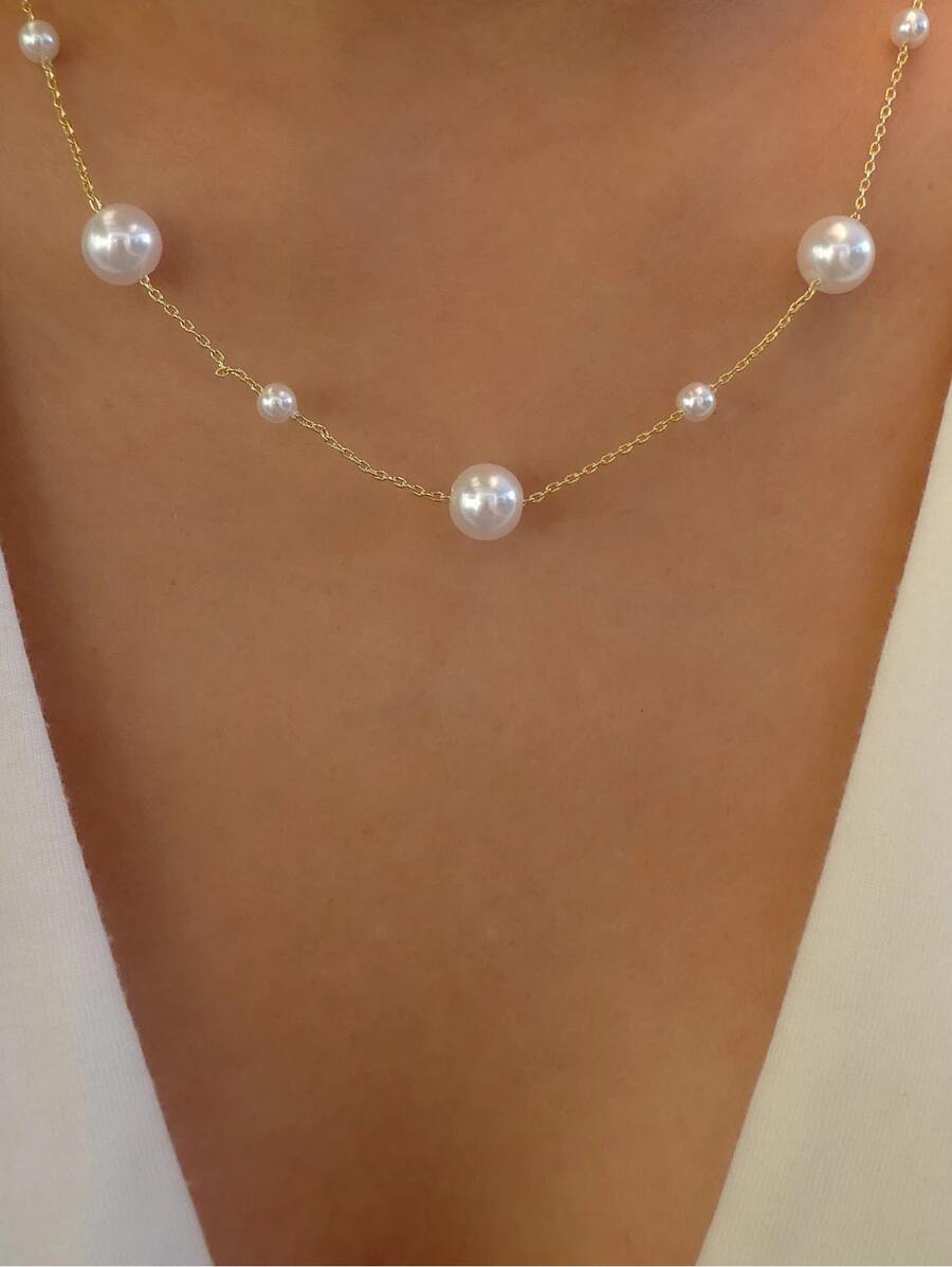 Collar Decorado Con Perlas Artificiales - Amarillo Oro - Ver 1