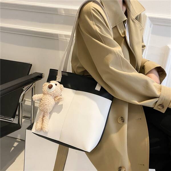 

Two Tone Doll Decor Shoulder Tote Bag, Black and white