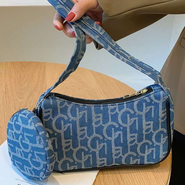 

Letter Graphic Canvas Shoulder Bag With Coin Case, Multicolor