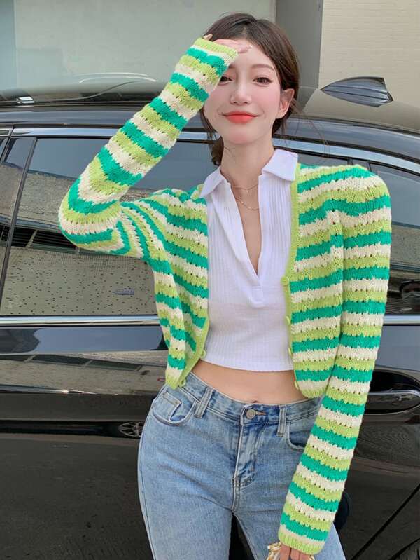 條紋圖案氣眼針織短款開衫