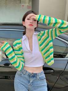 條紋圖案氣眼針織短款開衫 - 青檸色 - 查看 3