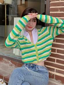 條紋圖案氣眼針織短款開衫 - 青檸色 - 查看 5