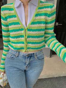 條紋圖案氣眼針織短款開衫 - 青檸色 - 查看 6