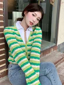 條紋圖案氣眼針織短款開衫 - 青檸色 - 查看 7