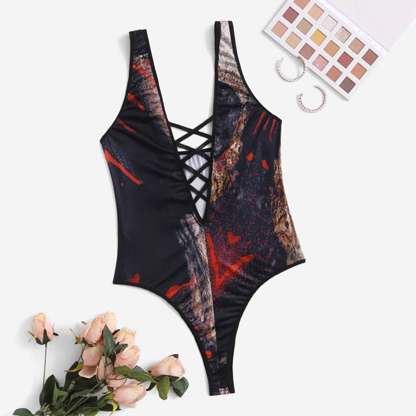 

Plus Graphic Crisscross Plunging Teddy Bodysuit, Multicolor