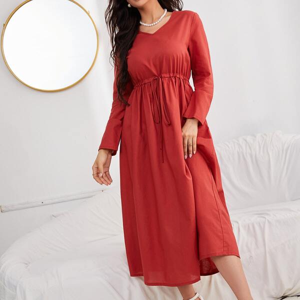 

Drawstring Waist V-neck Dress, Red