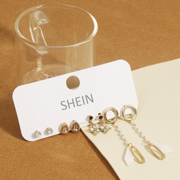 

4pairs Faux Pearl Decor Geometric Charm Earrings, Gold