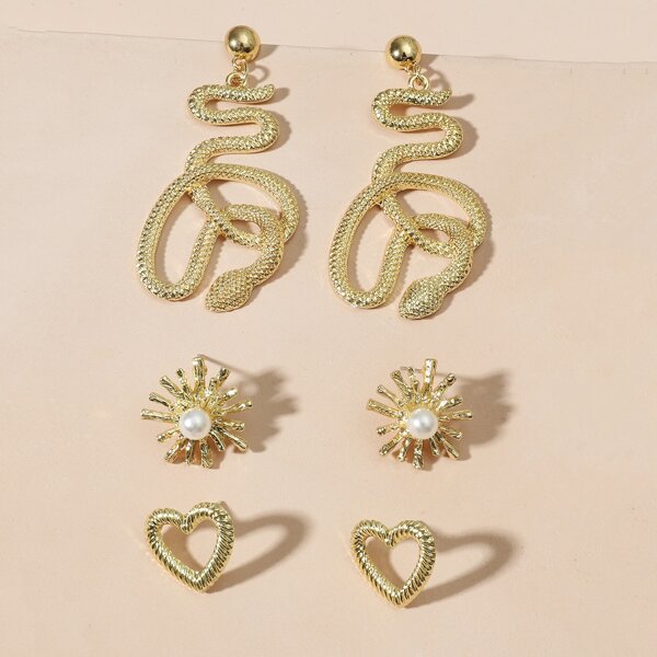 

3pairs Snake & Heart Decor Earrings, Gold
