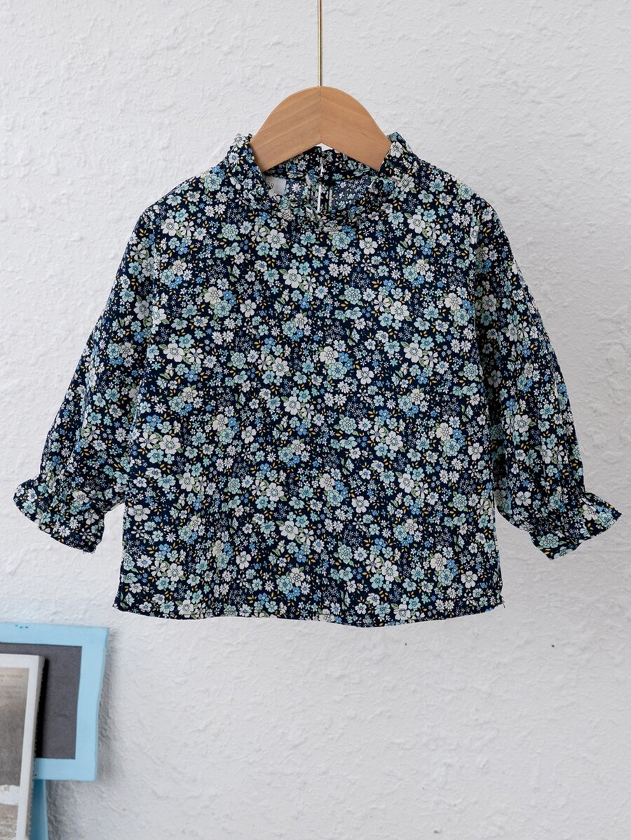 小女童印花木耳邊領荷葉袖襯衫 - 彩色 - 查看 1