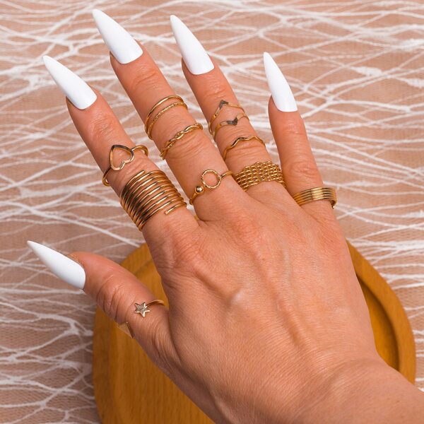 

10pcs Heart & Star Decor Ring, Gold