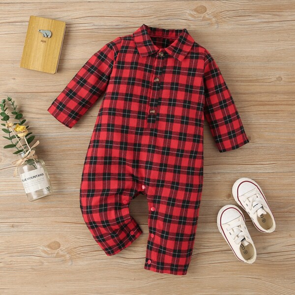 

Baby Plaid Half Button Shirt Jumpsuit, Multicolor