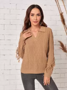 EMERY ROSE V領翻領流蘇邊套頭毛衣 - 卡其色 - 查看 1