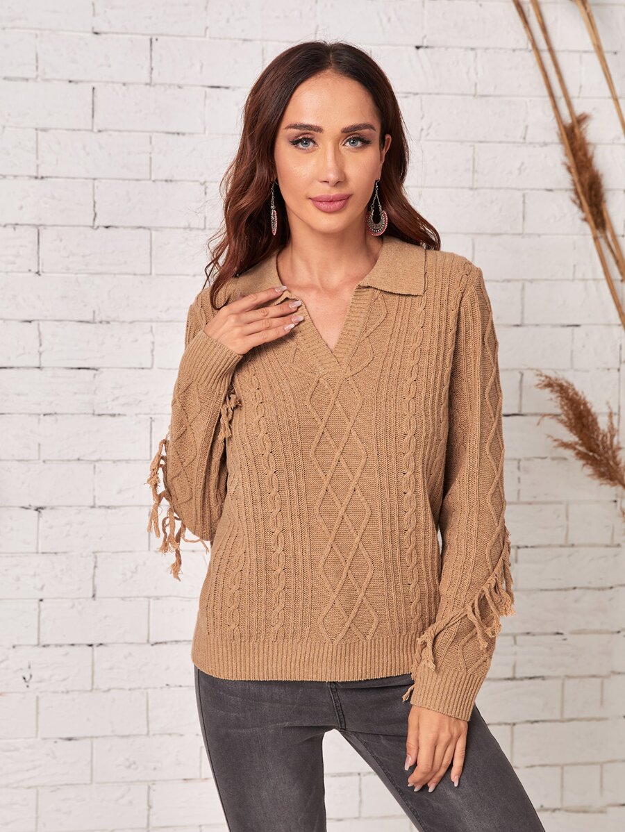 EMERY ROSE V領翻領流蘇邊套頭毛衣 - 卡其色 - 查看 1